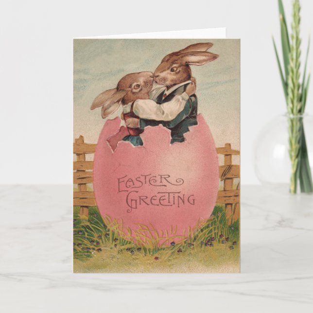 Easter Bunny Couple Kissing Painted Coloured Egg Holiday Card (Front)