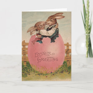 Easter Bunny Couple Kissing Painted Coloured Egg Holiday Card