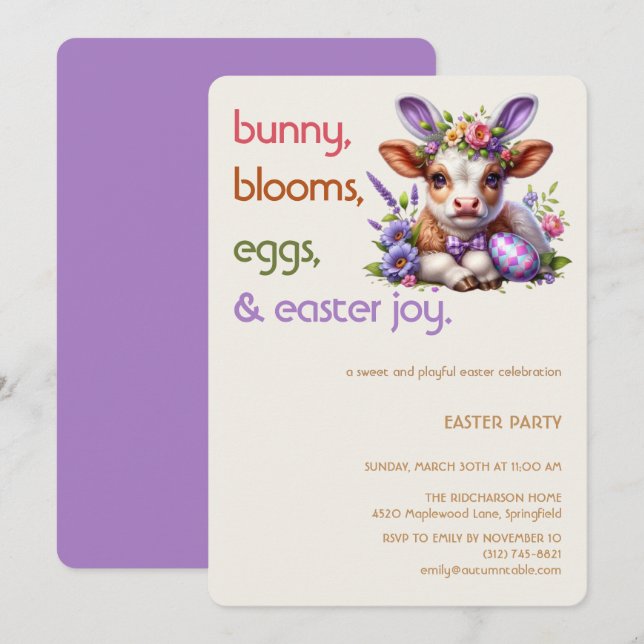 Easter Bunny Cow Invitation | Kid easter party (Front/Back)