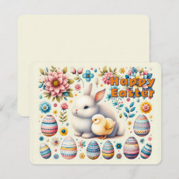 Easter Bunny cute Chick Eggs Flowers Pattern -  Holiday Card