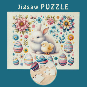 Easter Bunny cute Chick Eggs Flowers Pattern - Jigsaw Puzzle