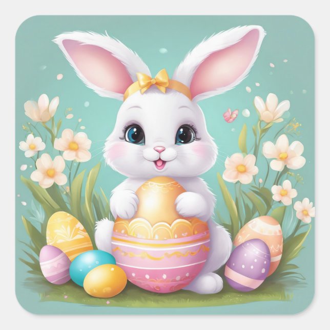 Easter Bunny Cute Floral Sticker in Spring Colours (Front)