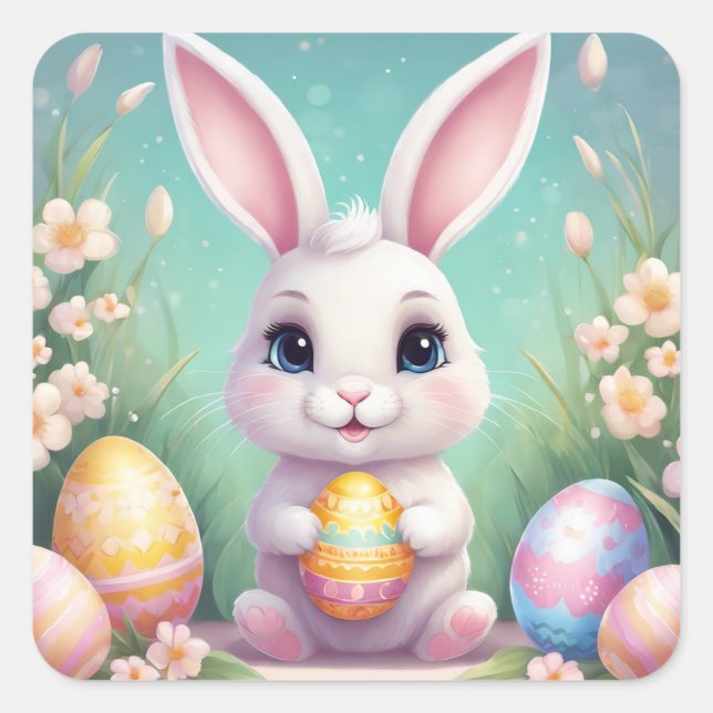 Easter Bunny Cute Floral Sticker in Spring Colours (Front)