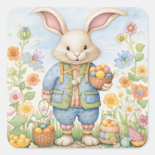 Easter Bunny Cute Floral Sticker in Spring Colours (Front)
