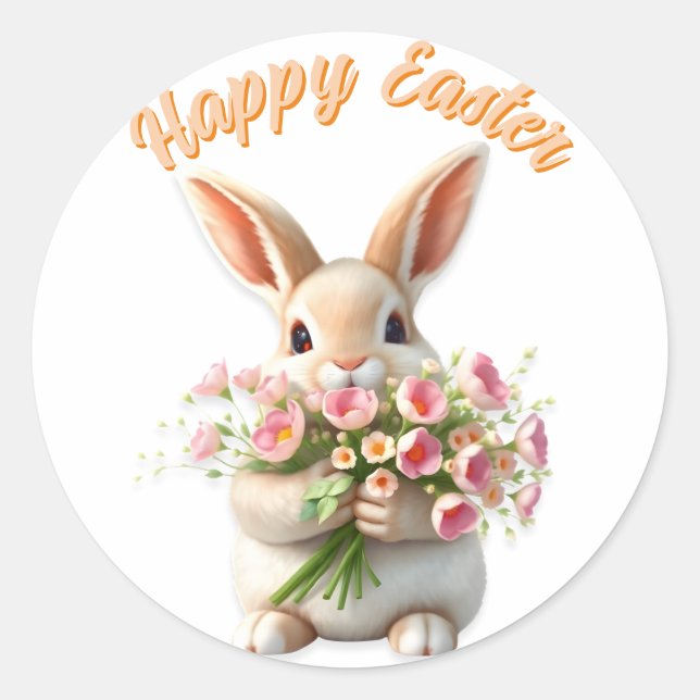 Easter Bunny Cute Flower Bouquet Happy Easter  Classic Round Sticker (Front)