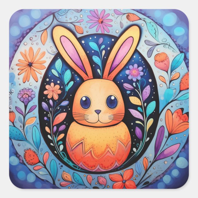 Easter Bunny Cute Spring Flowers Square Sticker (Front)
