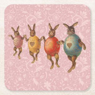Easter Bunny Dancing Eggs Square Paper Coaster