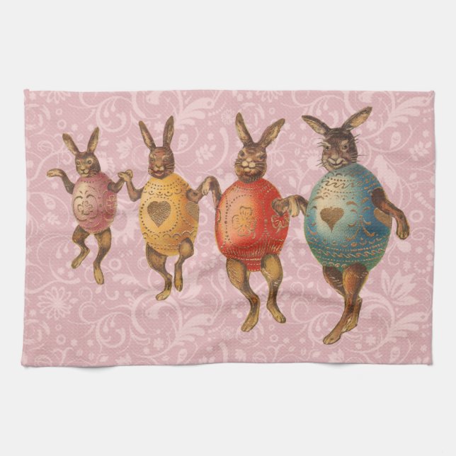 Easter Bunny Dancing Eggs Tea Towel (Horizontal)