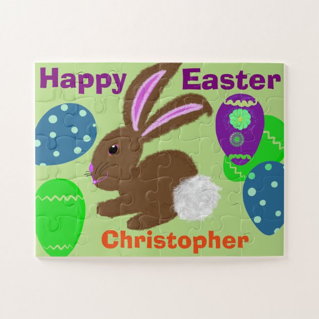 Easter Bunny Decorated Eggs Personalise NAME Jigsaw Puzzle (Horizontal)