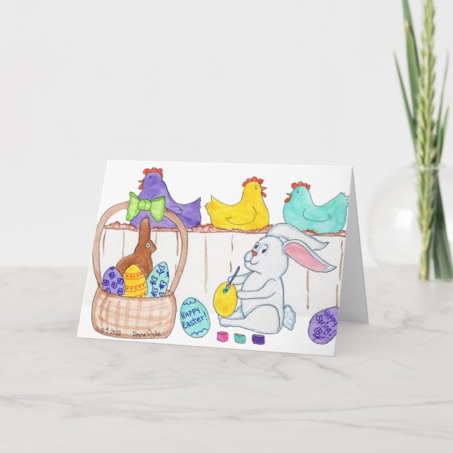 Easter Bunny Decorating Eggs Holiday Card (Front)