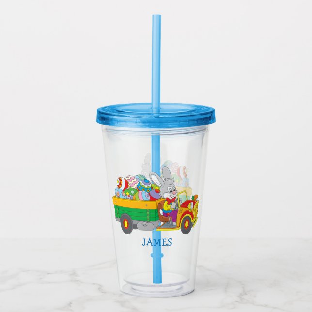 Easter Bunny Delivery Truck Personalised Name Acrylic Tumbler (Front)