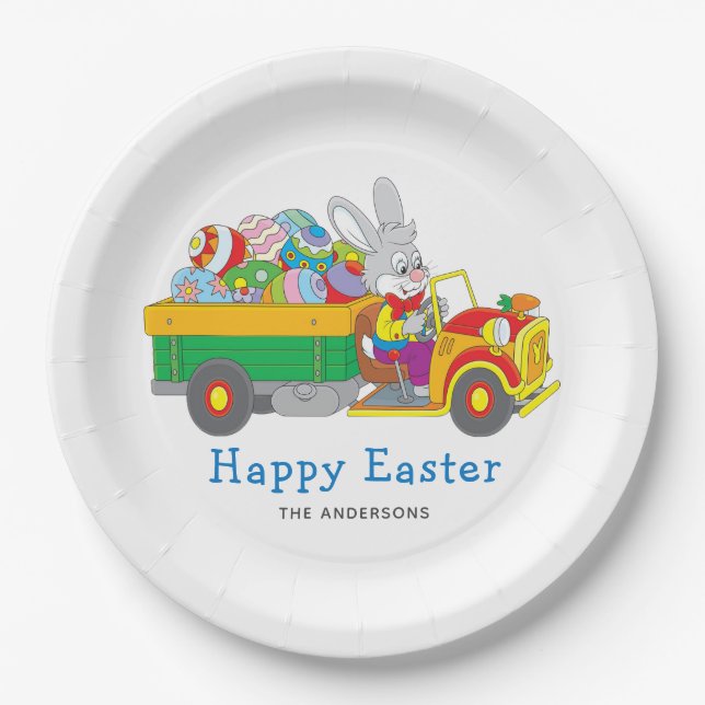 Easter Bunny Delivery Truck Personalised Name Paper Plate (Front)