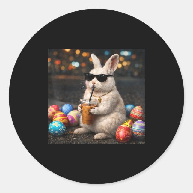 Easter bunny drinking iced cofffe men bunny easter classic round sticker (Front)