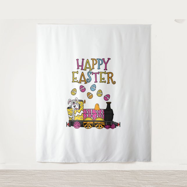 Easter Bunny Driving Steam Train Tapestry (Front)