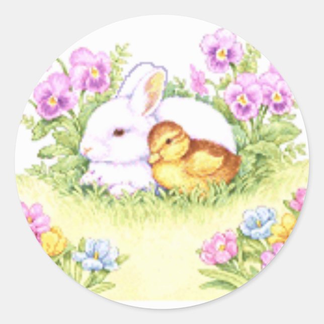 Easter Bunny, Duckling and Flowers Classic Round Sticker (Front)