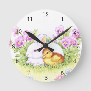 Easter Bunny, Duckling and Flowers Round Clock