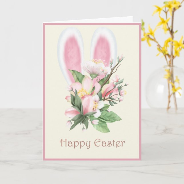 Easter Bunny Ears and Watercolor Pink Flowers Card (Yellow Flower)