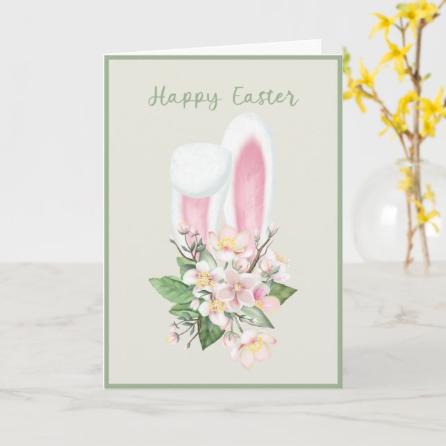 Easter Bunny Ears and Watercolor Pink Flowers Card (Yellow Flower)