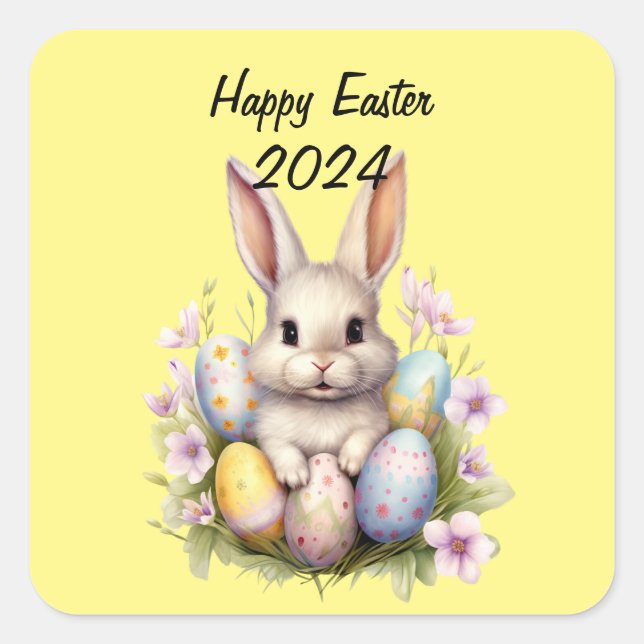 Easter Bunny & Easter Eggs Artwork Square Sticker (Front)