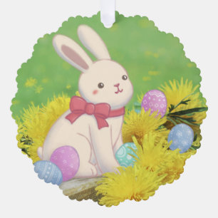 Easter Bunny, Easter Eggs & Flowers Illustration Tree Decoration Card