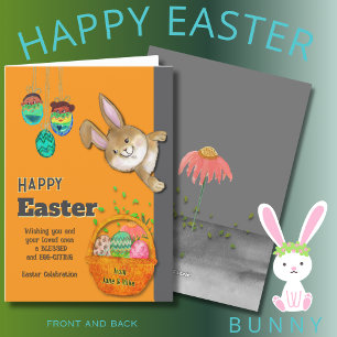 Easter Bunny EGG-CITING Orange illustration Holiday Card