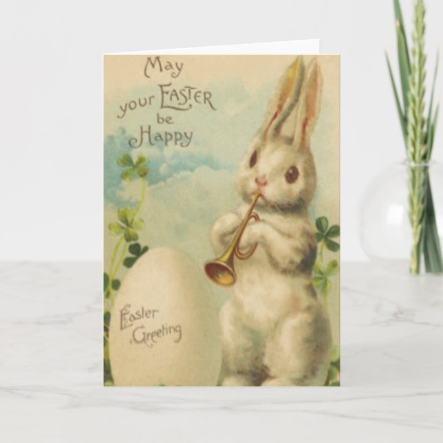 Easter Bunny Egg Four Leaf Clover Trumpet Holiday Card (Front)