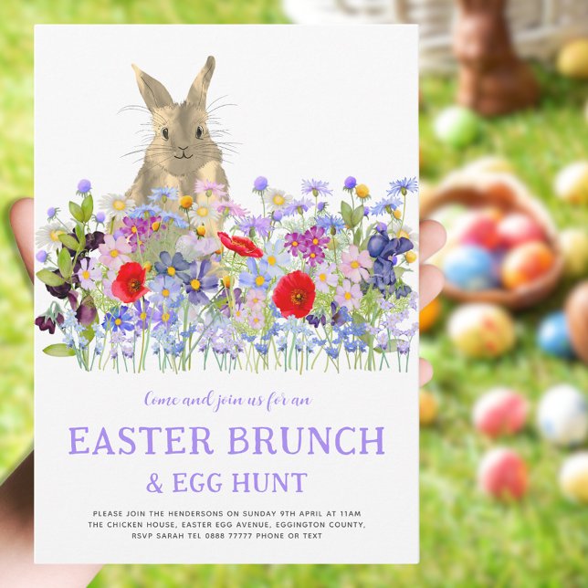 Easter Bunny Egg Hunt and Brunch Floral Invitation (Easter brunch egg hunt cute bunny floral watercolor invitation purple blue pink red green)
