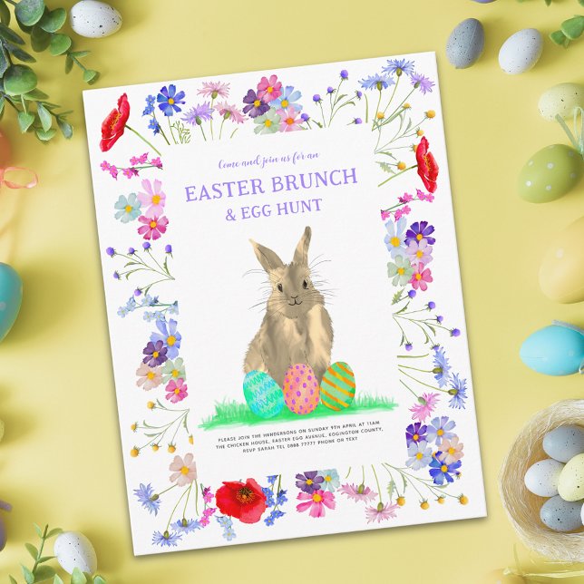 Easter Bunny Egg Hunt and Brunch Floral Invitation Postcard (Easter egg hunt spring brunch cute bunny watercolor wildflower floral garden party invitation budget)