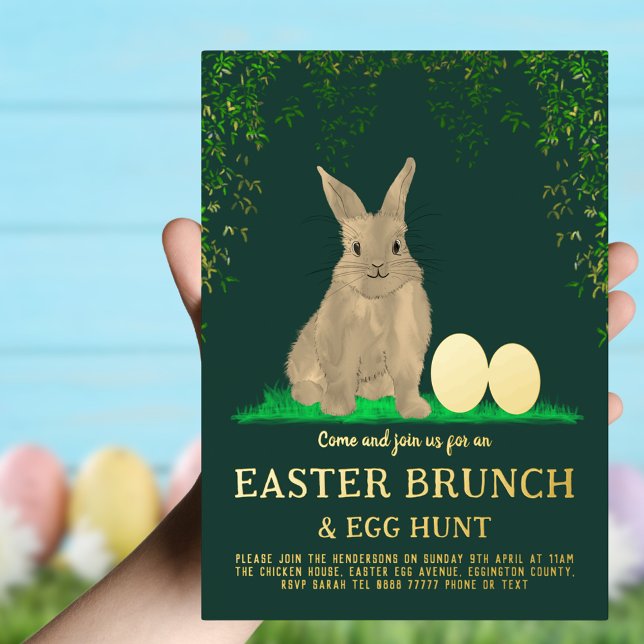 Easter Bunny Egg Hunt and Brunch Gold Green (Easter egg hunt and brunch cute bunny gold foil invitation )