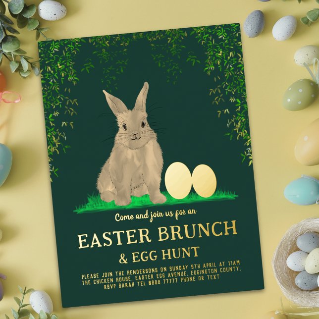 Easter Bunny Egg Hunt and Brunch Gold Green Foil Invitation Postcard (Modern easter egg hunt spring brunch cute bunny golden  eggs green gold foil invitation Postcard)