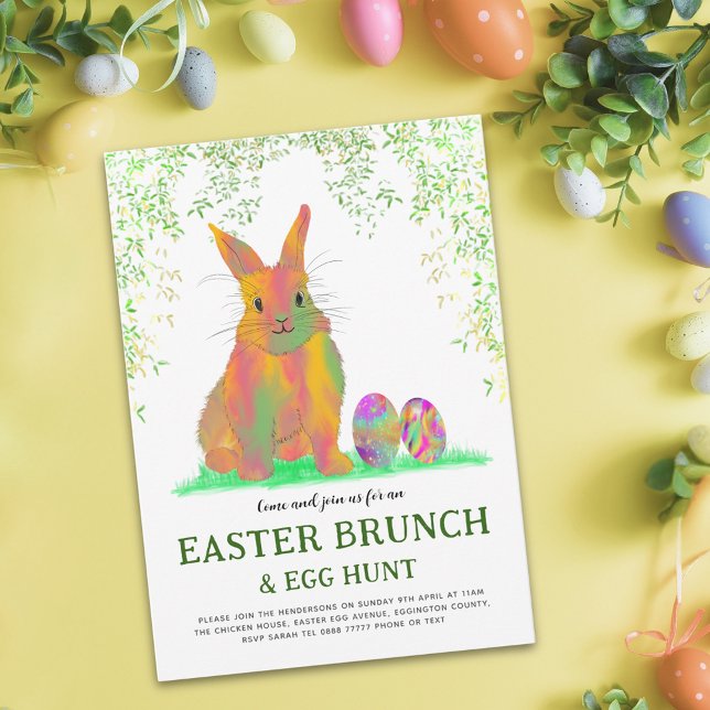 Easter Bunny Egg Hunt and Brunch Green Invitation Postcard (Easter egg hunt spring brunch colorful watercolor cute bunny & eggs garden party invitation)