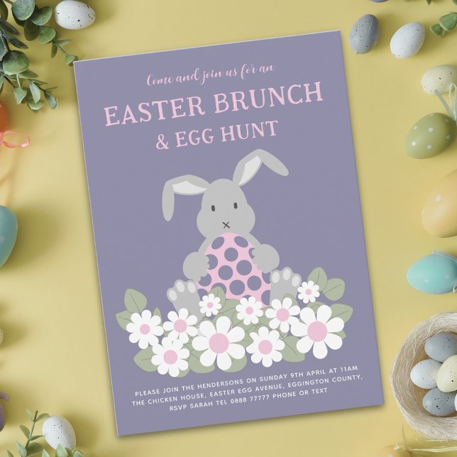 Easter Bunny Egg Hunt and Brunch Pink Floral Invitation (Easter egg hunt spring brunch cute bunny daisy floral meadow purple invitation)