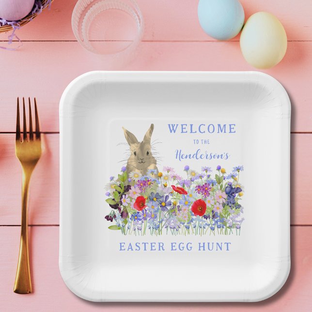 Easter Bunny Egg Hunt Floral Welcome Paper Plate (Personalized Easter egg hunt cute bunny wildflower floral spring party plate)