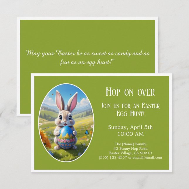 Easter bunny | Egg Hunt  | Hop on over | green -  Invitation (Front/Back)