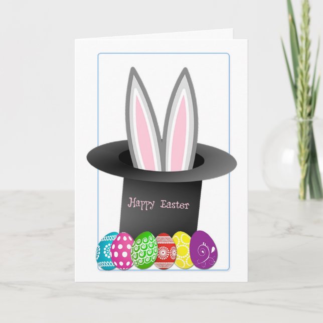 Easter Bunny, Eggs and Top Hat Card (Front)