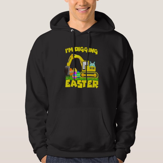 Easter Bunny Eggs Digging Tractor Excavator Easter Hoodie (Front)