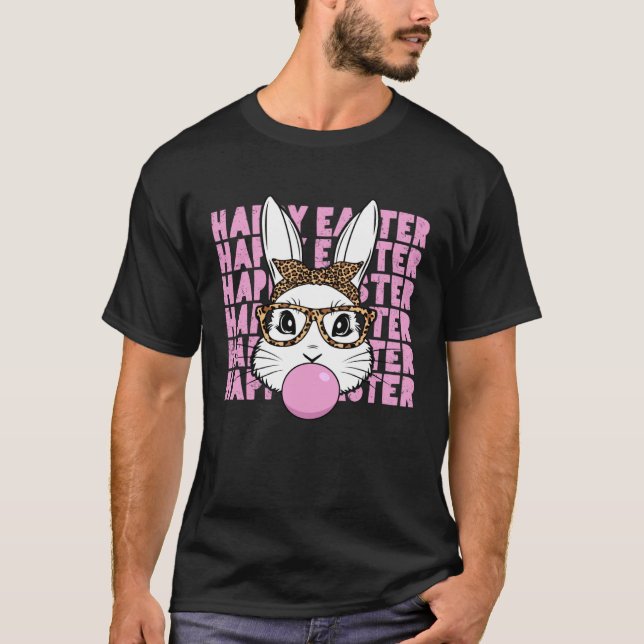 Easter Bunny Face Glasses Leopard Happy Easter Day T-Shirt (Front)