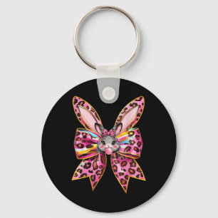 Easter Bunny Face Leopard Coquette Bow Easter Day Key Ring