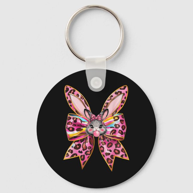 Easter Bunny Face Leopard Coquette Bow Easter Day  Key Ring (Front)