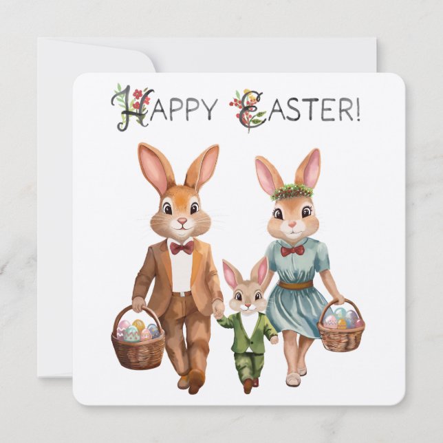 Easter Bunny Family Chasing Eggs - Watercolor Card (Front)