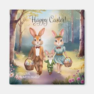 Easter Bunny Family Chasing Eggs - Watercolor Magnet