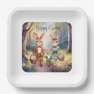Easter Bunny Family Chasing Eggs - Watercolor Paper Plate