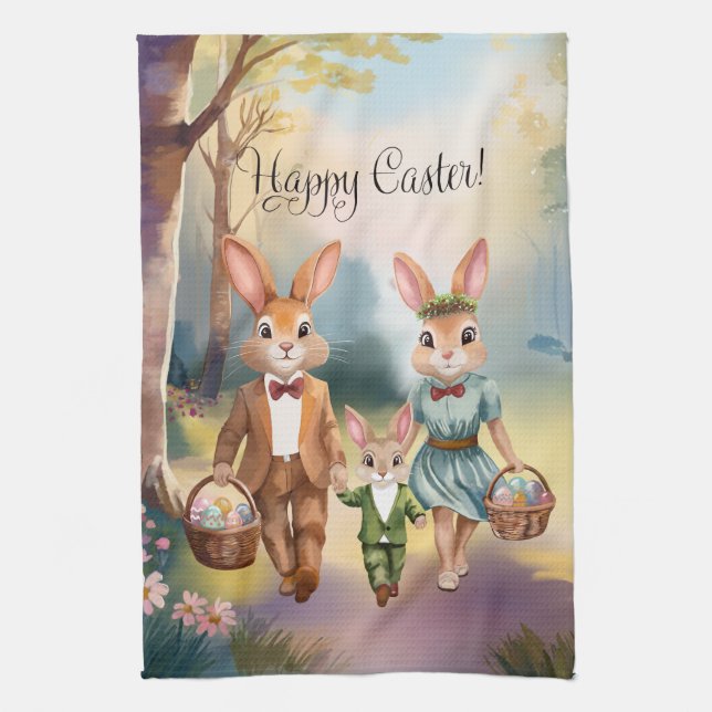 Easter Bunny Family Chasing Eggs - Watercolor Tea Towel (Vertical)
