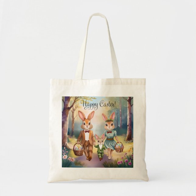 Easter Bunny Family Chasing Eggs - Watercolor Tote Bag (Front)