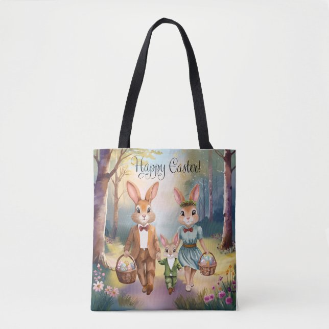Easter Bunny Family Chasing Eggs - Watercolor Tote Bag (Front)