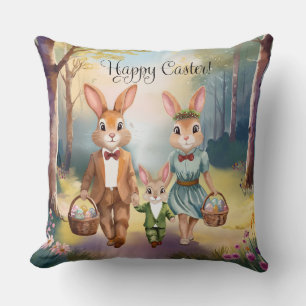 Easter Bunny Family Hunting for Eggs - Watercolor Cushion