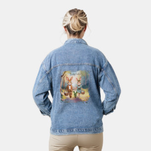 Easter Bunny Family Hunting for Eggs - Watercolor Denim Jacket