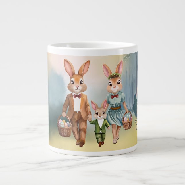Easter Bunny Family Hunting for Eggs - Watercolor Large Coffee Mug (Front)