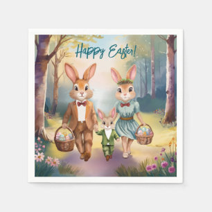 Easter Bunny Family Hunting for Eggs - Watercolor Napkin