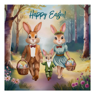 Easter Bunny Family Hunting for  Eggs - Watercolor Poster